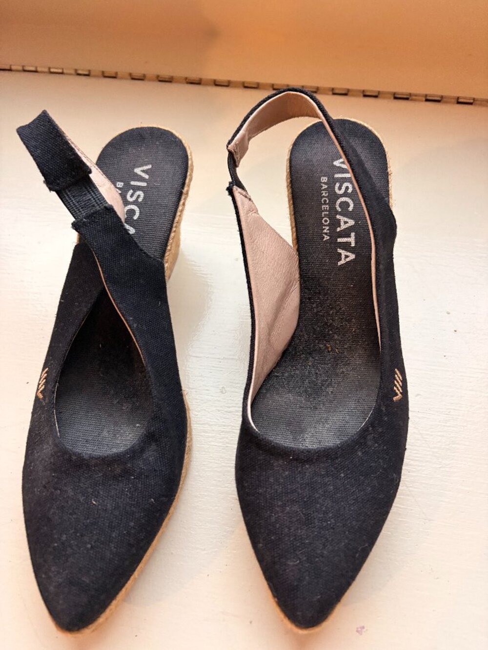Viscata Barcelona Black Canvas Espadrille Wedge Slingback Sandals Sz 40